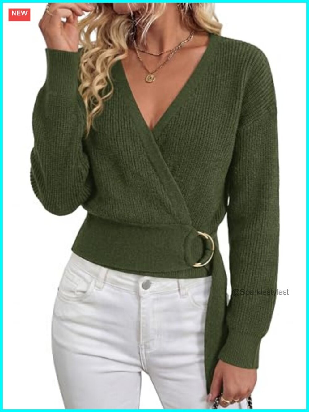 Womens Long Sleeve Wrap V Neck Belted Knit Sweater Pullover